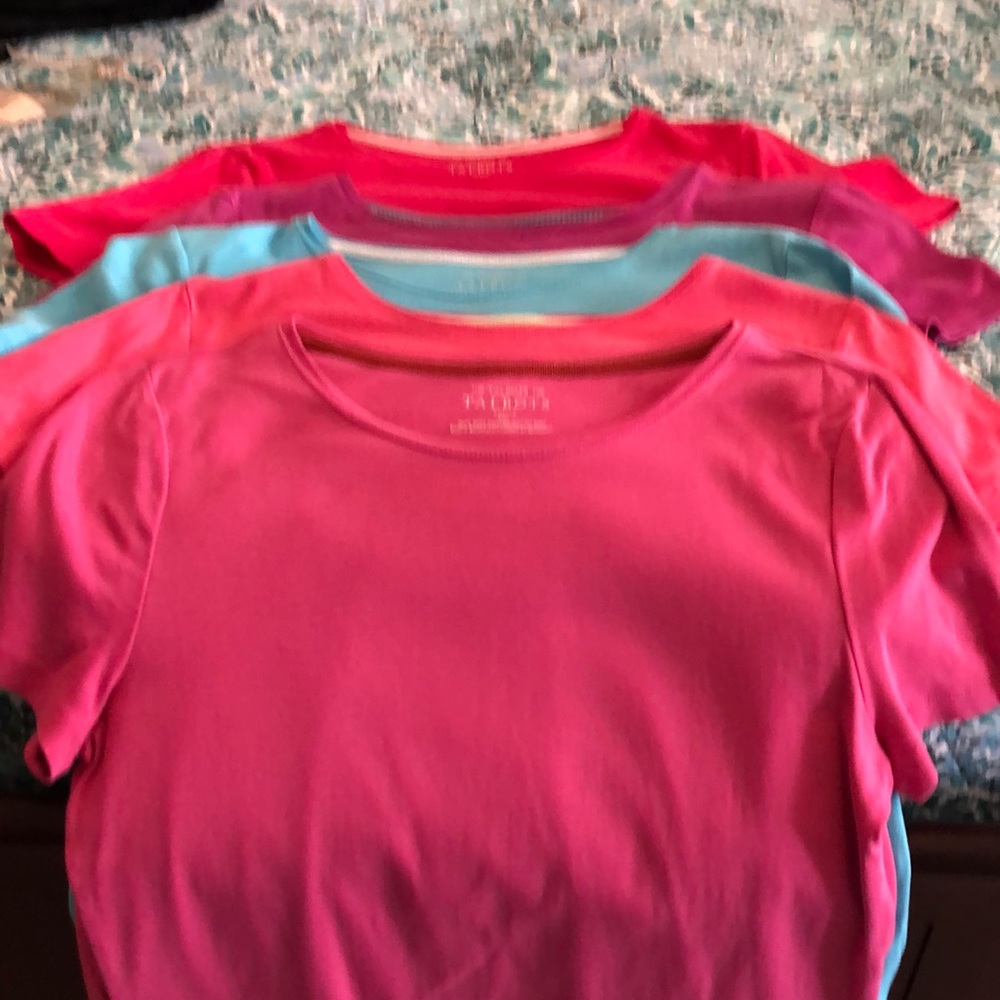 Cotton tees, colors: pink, turquoise, purple, red, peach.